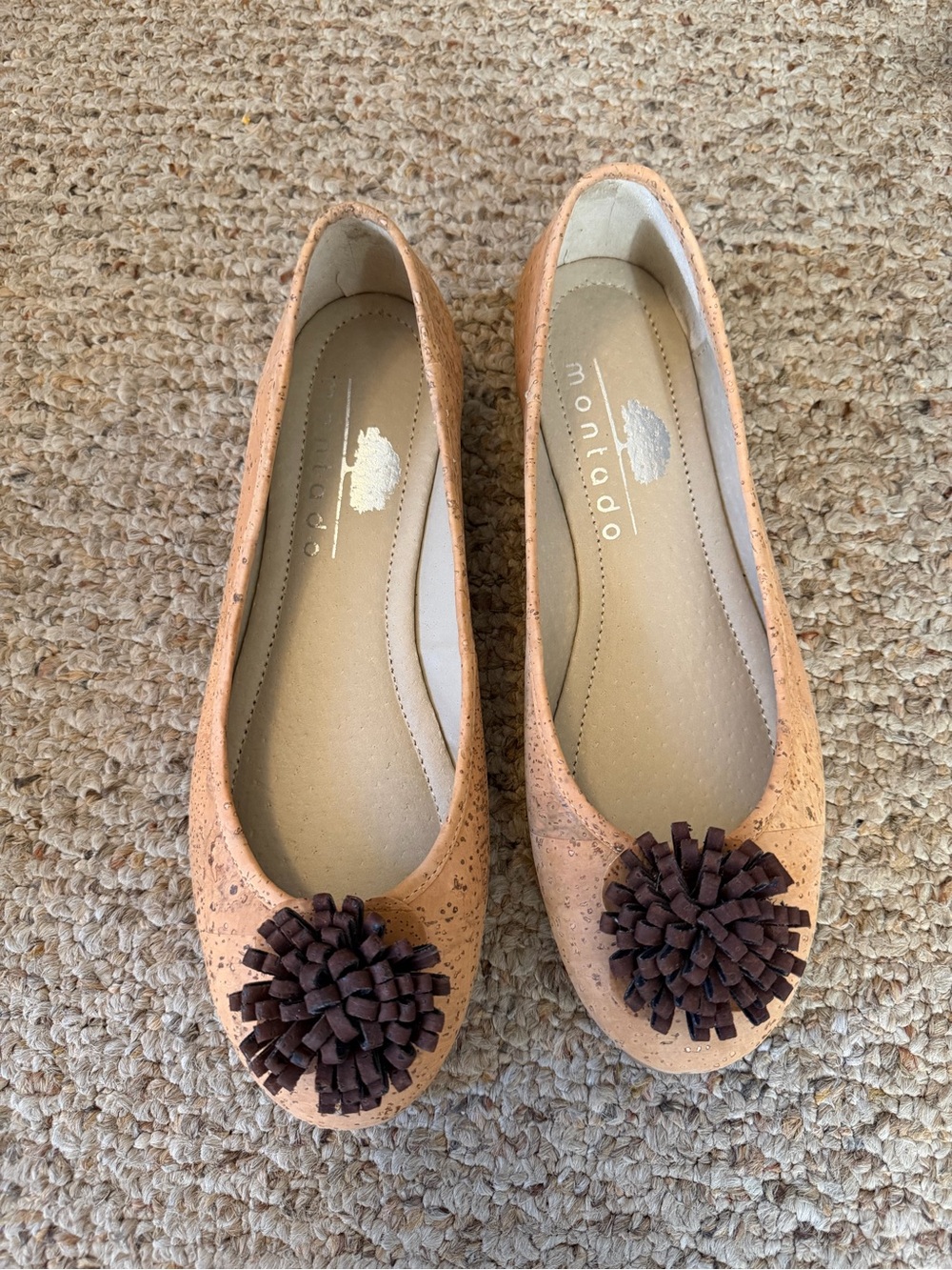 Montcado tan Cork Ballet Flats with Brown Pom Detail size 40